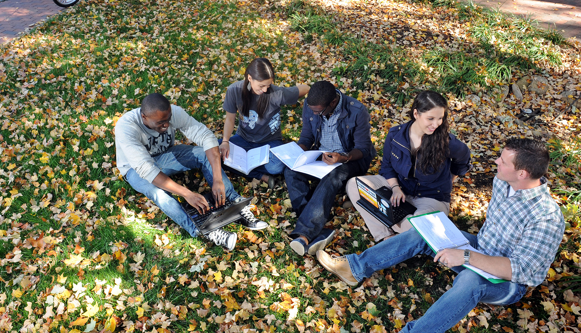 Group of students outside, using laptops